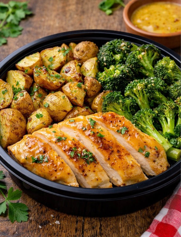 Honey Mustard Chicken, Roasted Potatoes & Garlic Broccoli
